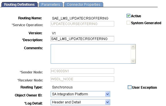 Routing Definitions page