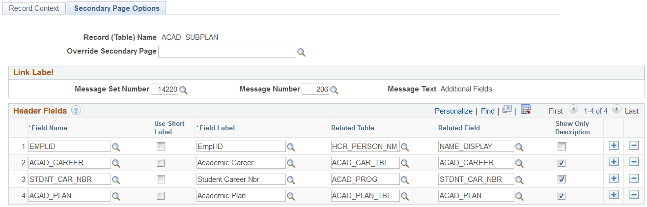 Secondary Page Options page