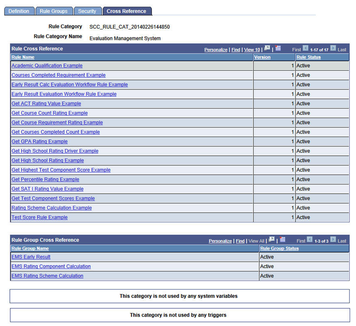 Rule Category - Cross Reference page: Evaluation Management System