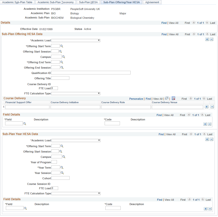 Sub-Plan Offering/Year HESA (Higher Education Statistics Agency) page