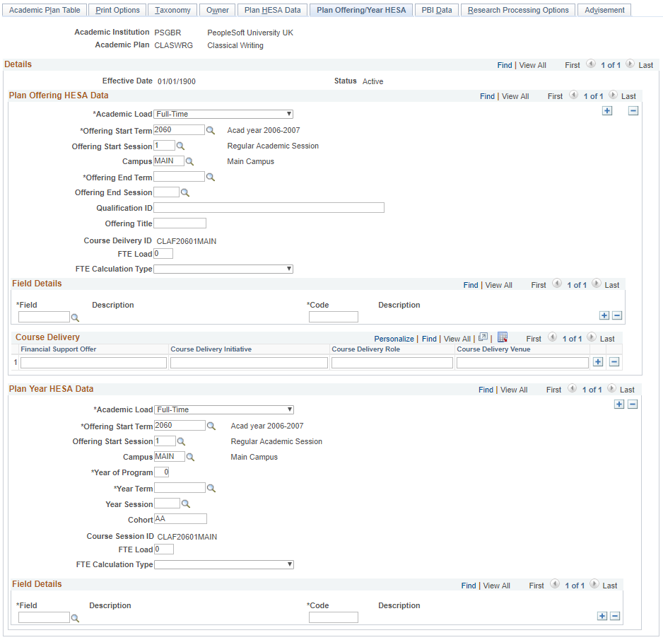 Plan Offering/Year HESA (Higher Education Statistics Agency) page
