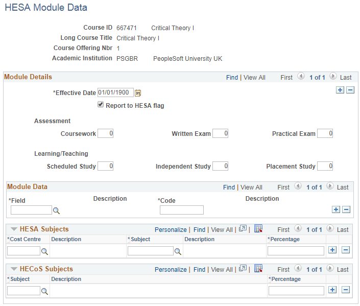 HESA (Higher Education Statistics Agency) Module Data page