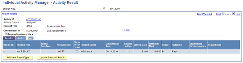Individual Activity Manager - Activity Result page