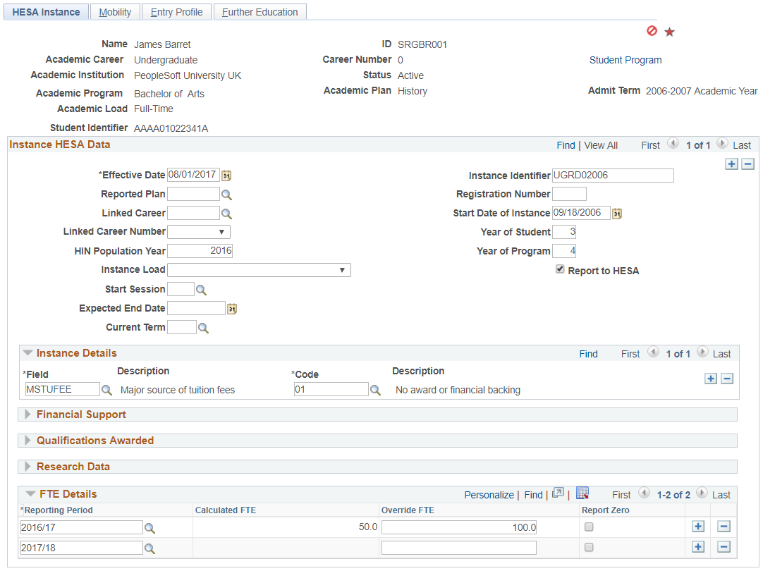 HESA (Higher Education Statistics Agency) Instance page
