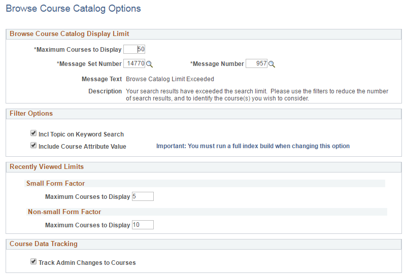 Browse Course Catalog Options page