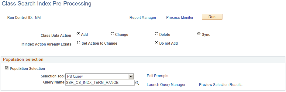 Class Search Index Pre-Processing page