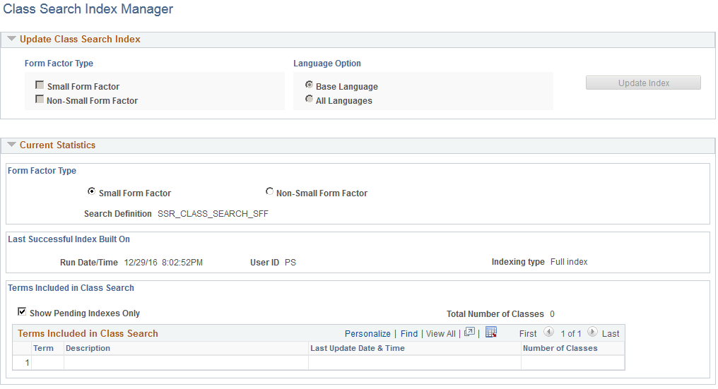 Class Search Index Manager page