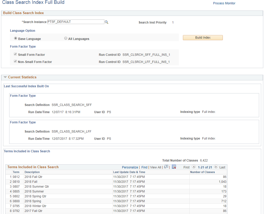Class Search Index Full Build page