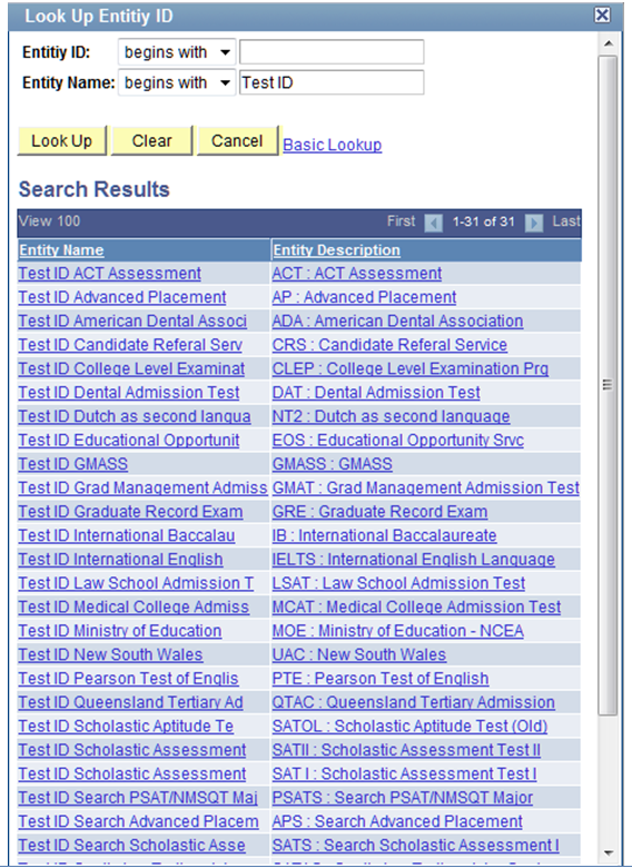 Lookup results for the Entity Name
