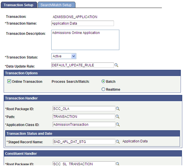 Example of Transaction Setup component with the SAD_APL_DAT_STG parent staging record for AAWS transaction