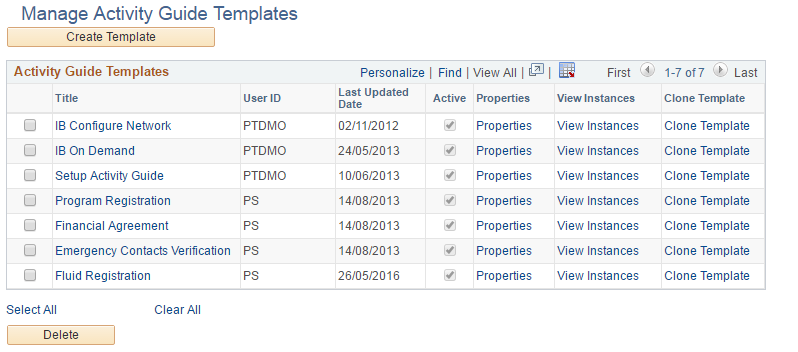 Example of the Manage Activity Guide Templates page