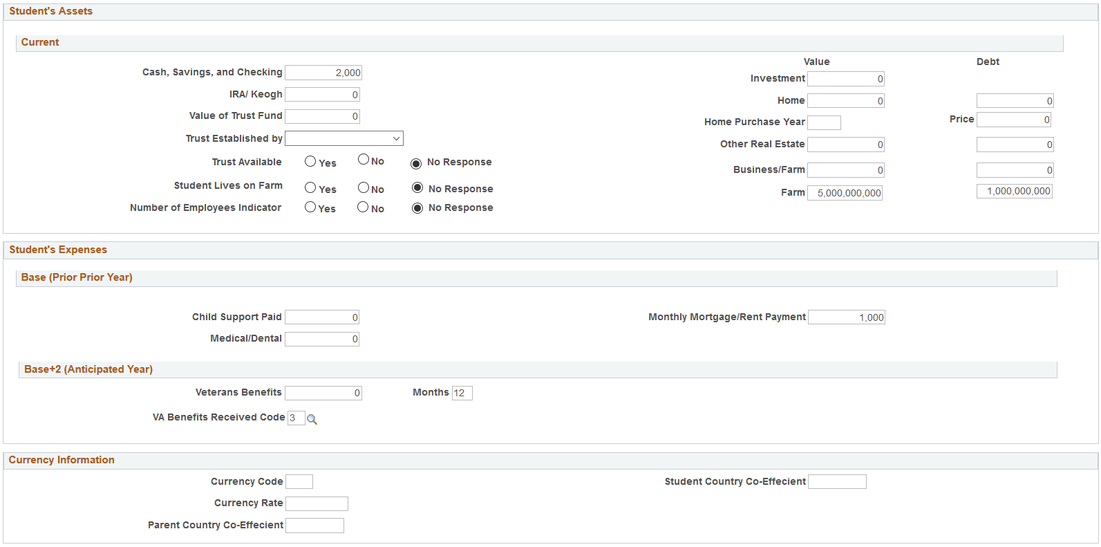 Maintain Institutional Application, Student Data tab (page 4 of 5)