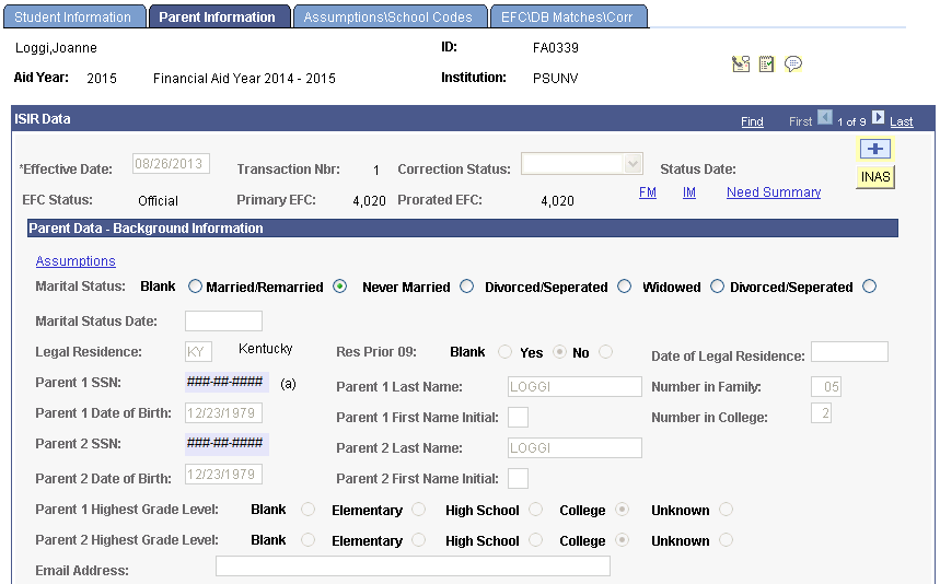 FAFSA (Free Application for Federal Student Aid) Parent Information page (1 of 2)