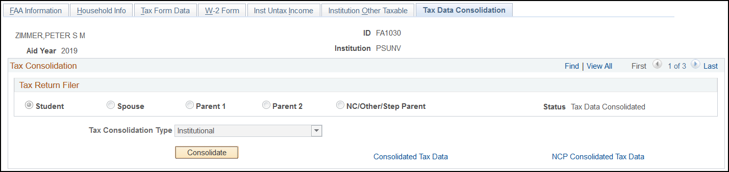 Tax Data Consolidation page