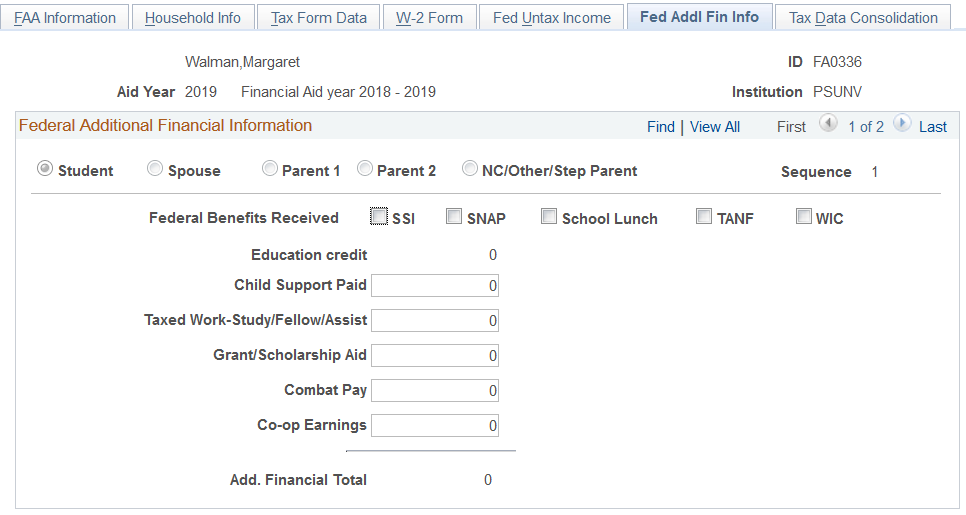 Fed (federal) Addl (additional) Fin (financial) Info (information) page