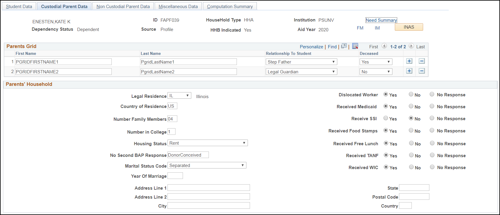 Maintain Institutional Application, Custodial Parent Data tab (page 1 of 6)