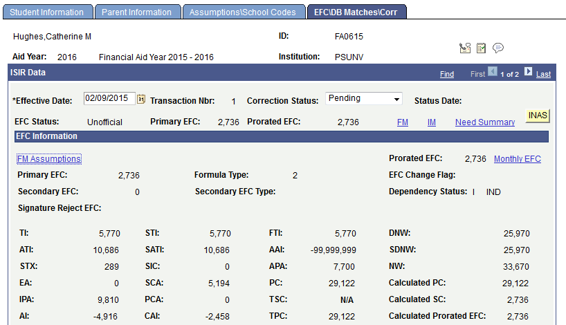 FAFSA (Free Application for Federal Student Aid) EFC (Expected Family Contribution)\DB (Database) Matches\Corr page (1 of 2)