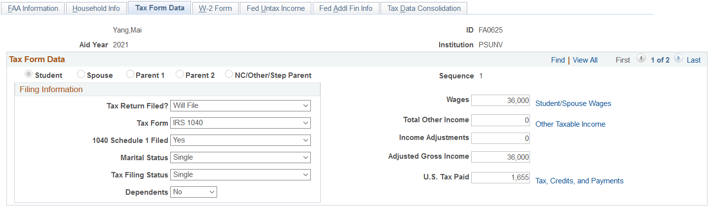 Tax Form Data page