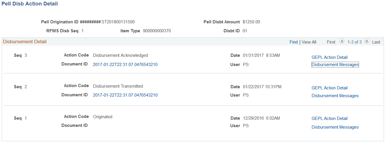 Pell Disb (disbursement) Action Detail page