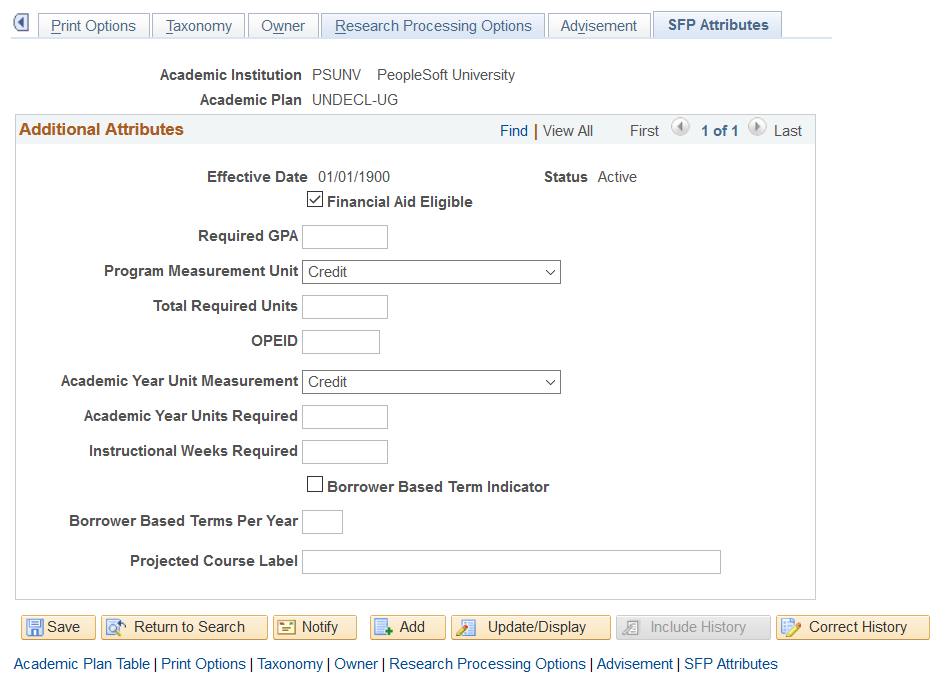 SFP Attributes (Academic Plans) page