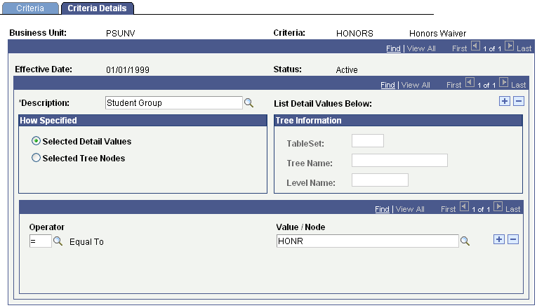 Criteria Details page