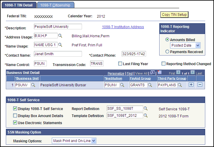 1098-T TIN (tax identification number) Detail page