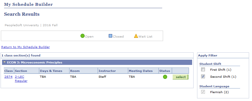 Example of class search results using a default filter