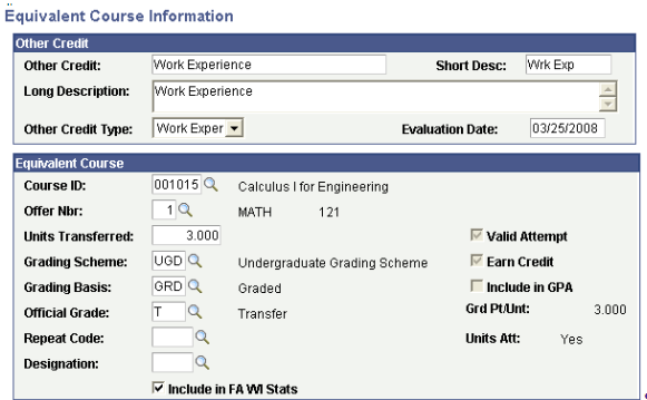 Equivalent Course Information page