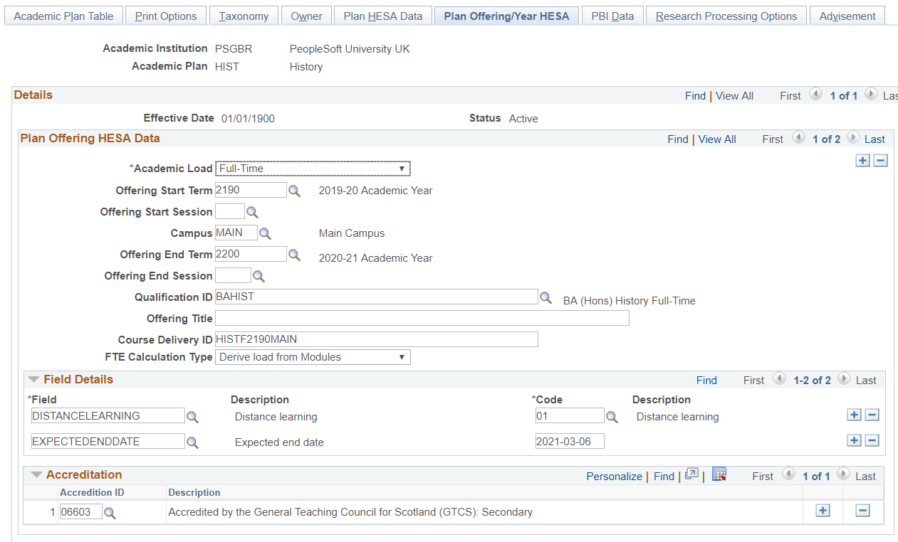 Plan Offering/Year HESA (Higher Education Statistics Agency) page 1 of 2