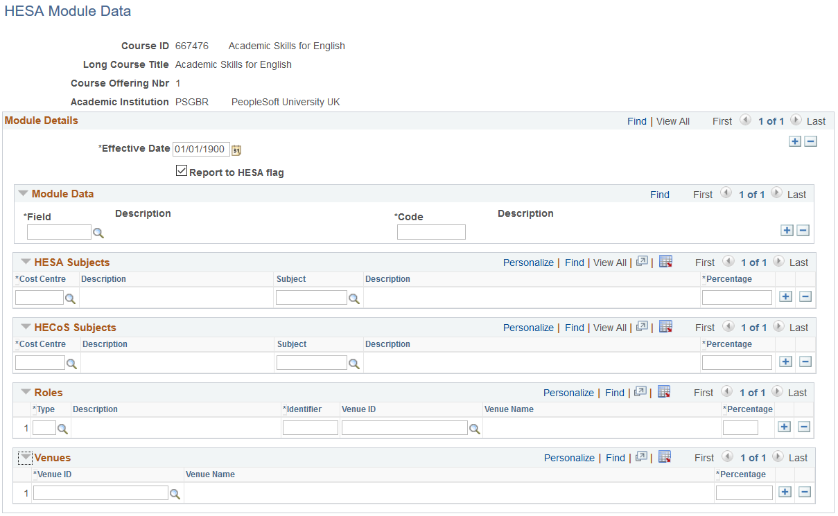 HESA (Higher Education Statistics Agency) Module Data page