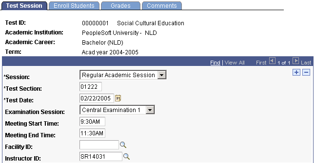 Test Session page