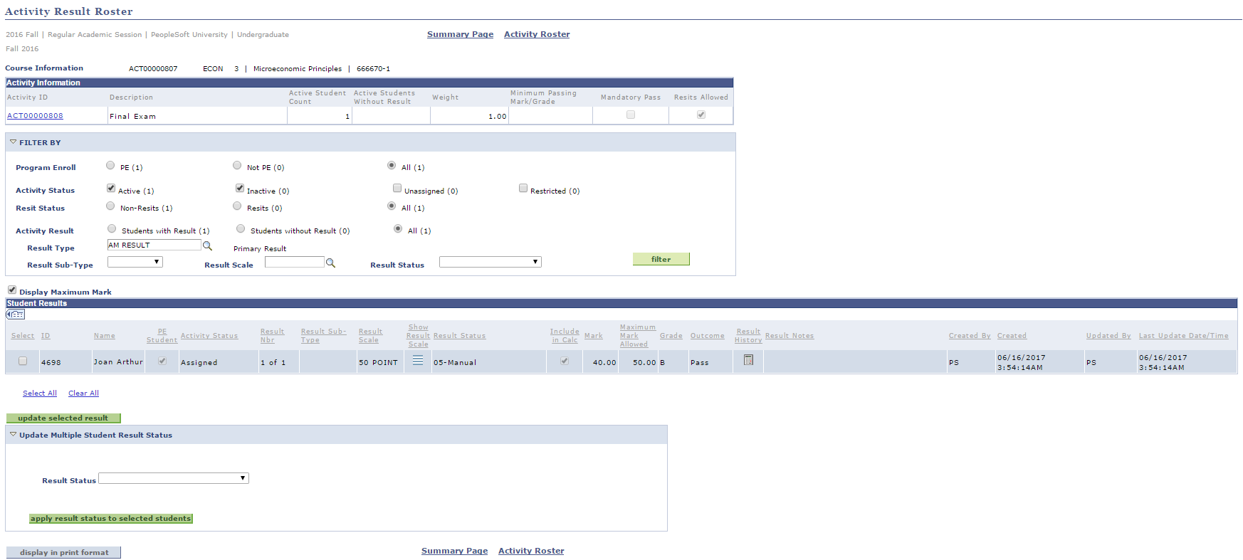 Activity Result Roster page