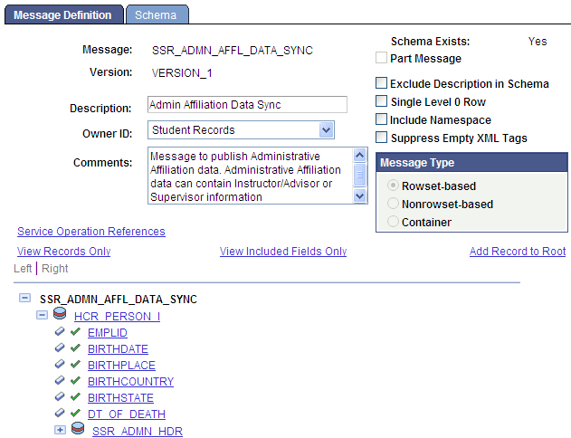 Message Definition page