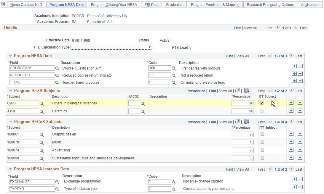 Program HESA (Higher Education Statistics Agency) Data page (1 of 2)