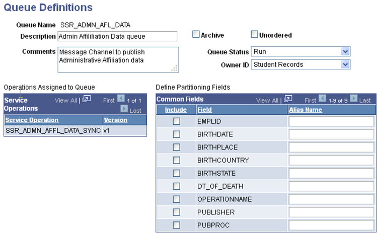 Queue Definition (SSR_ADMN_AFFL_DATA_SYNC) page