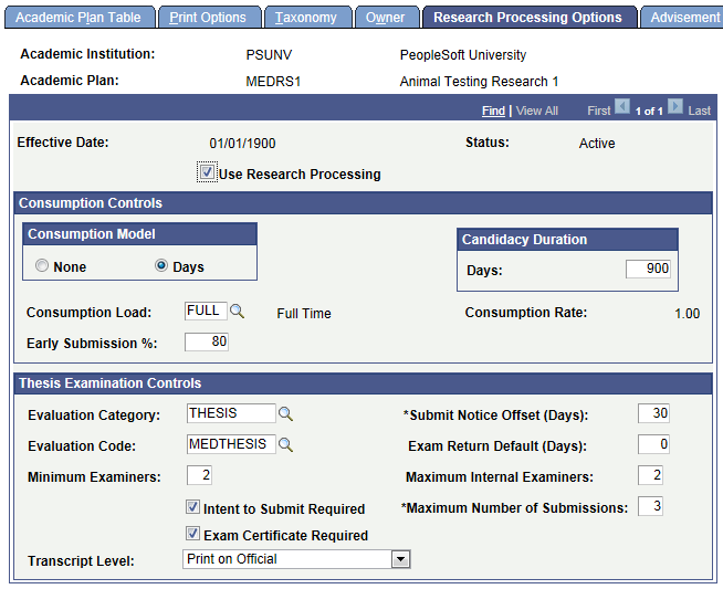 Academic Plan - Research Processing Options page