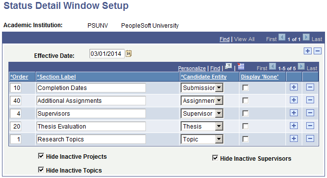 Status Detail Window Setup page