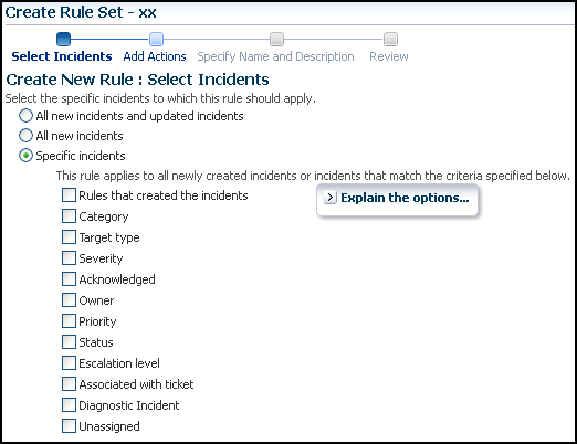 Create New Rule : Select Incidents page