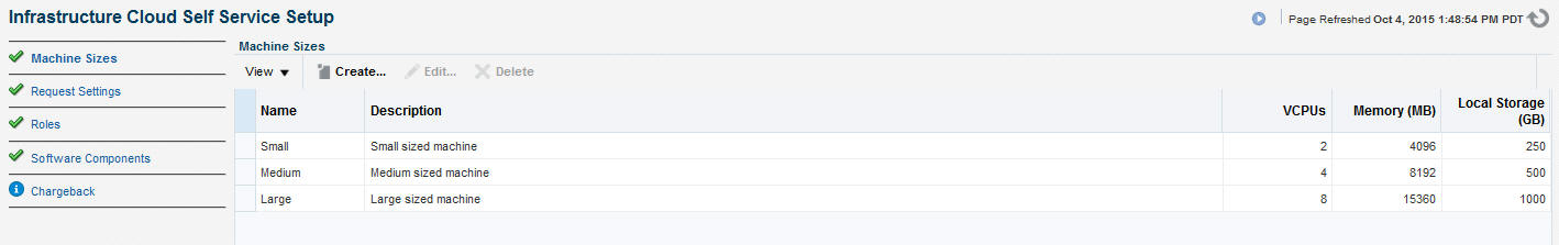 Self Service Portal Setup - Machine Sizes