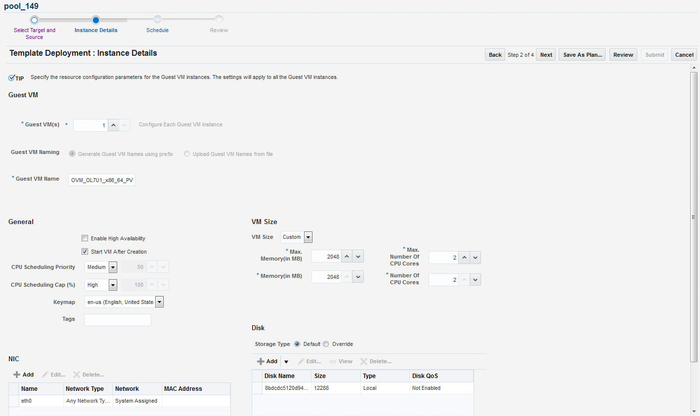 Template Deployment - Instance Details