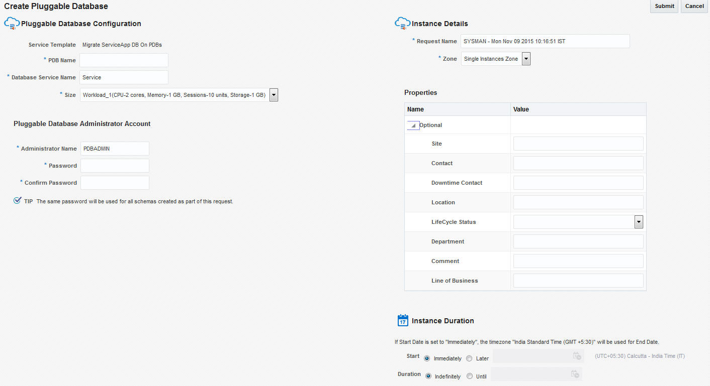 New Pluggable Database Service Request