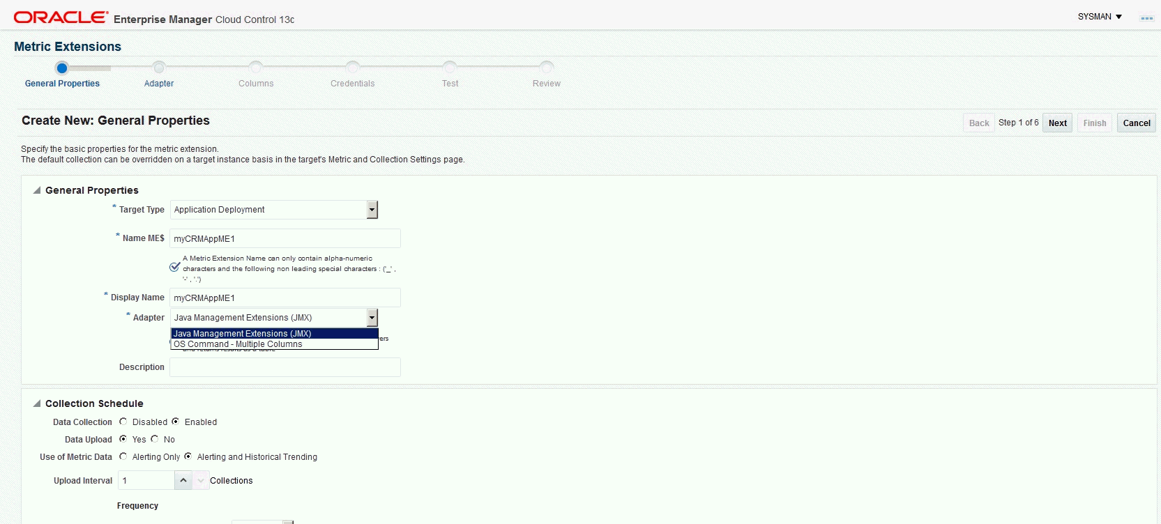 Graphic shows general property page for metric extension.