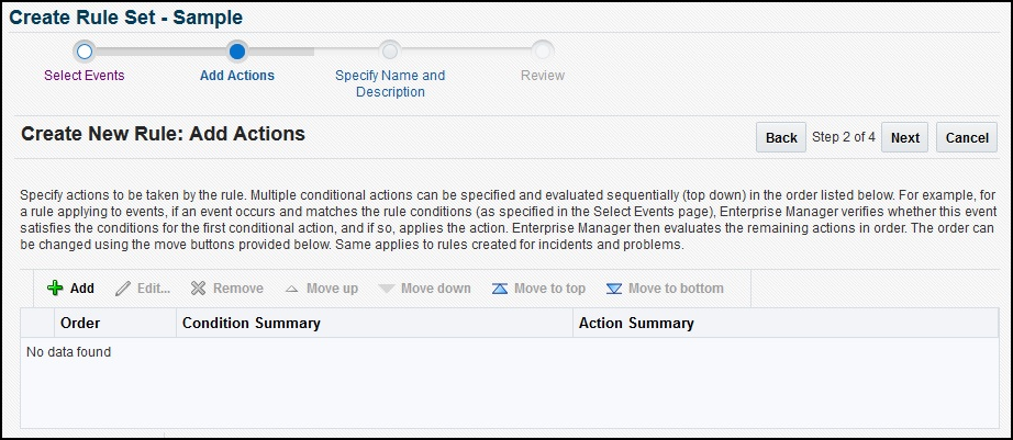 Add Actions Page screen shot example