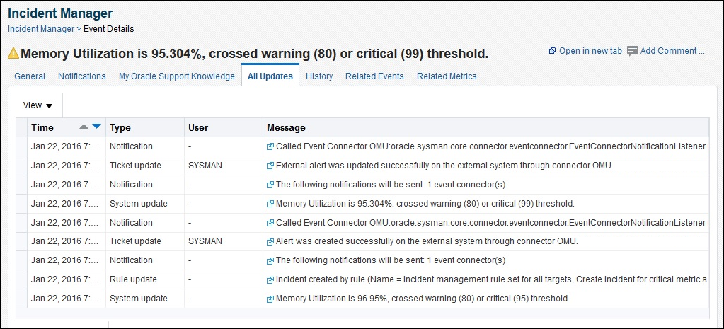 Incident Manager All Updates Tab screen shot example