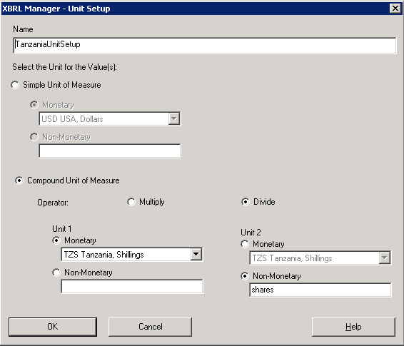 The image shows the XBRL Manger Unit Setup dialog box where you can create reusable definitions of simple and compound unit of measures that can be assigned to grids, columns, and cells in any financial report.