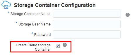 Screenshot shows the Storage Container Configuration portion of the Instance Details page. It shows the Create Cloud Storage Container checkbox checked.