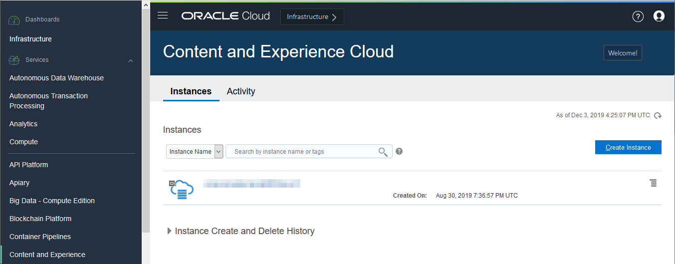 Instance služby Content and Experience v konzole infrastruktury Oracle Cloud