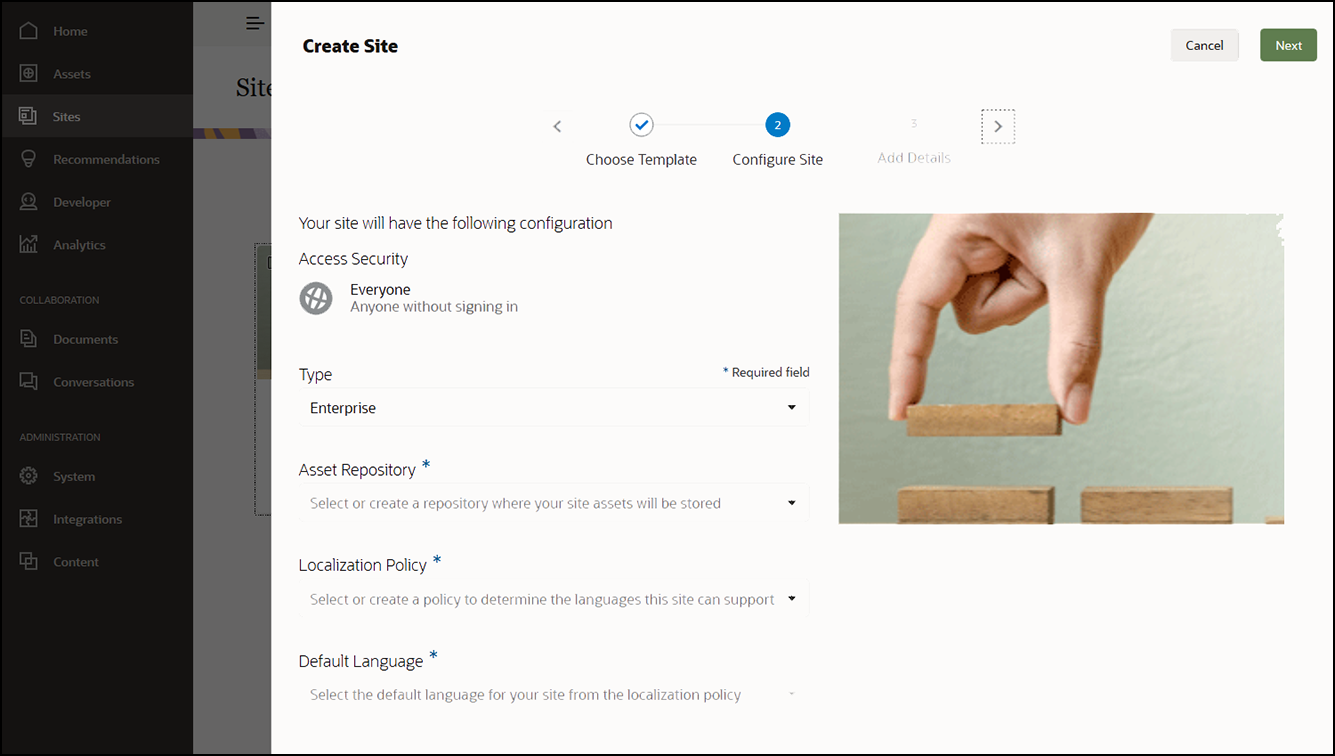 Screenshot af siteoprettelse med styring