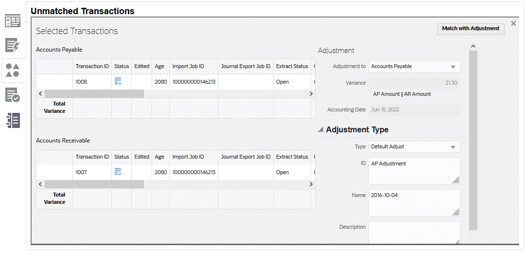 Screenshot des Bildschirms mit Details der Anpassungstransaktion