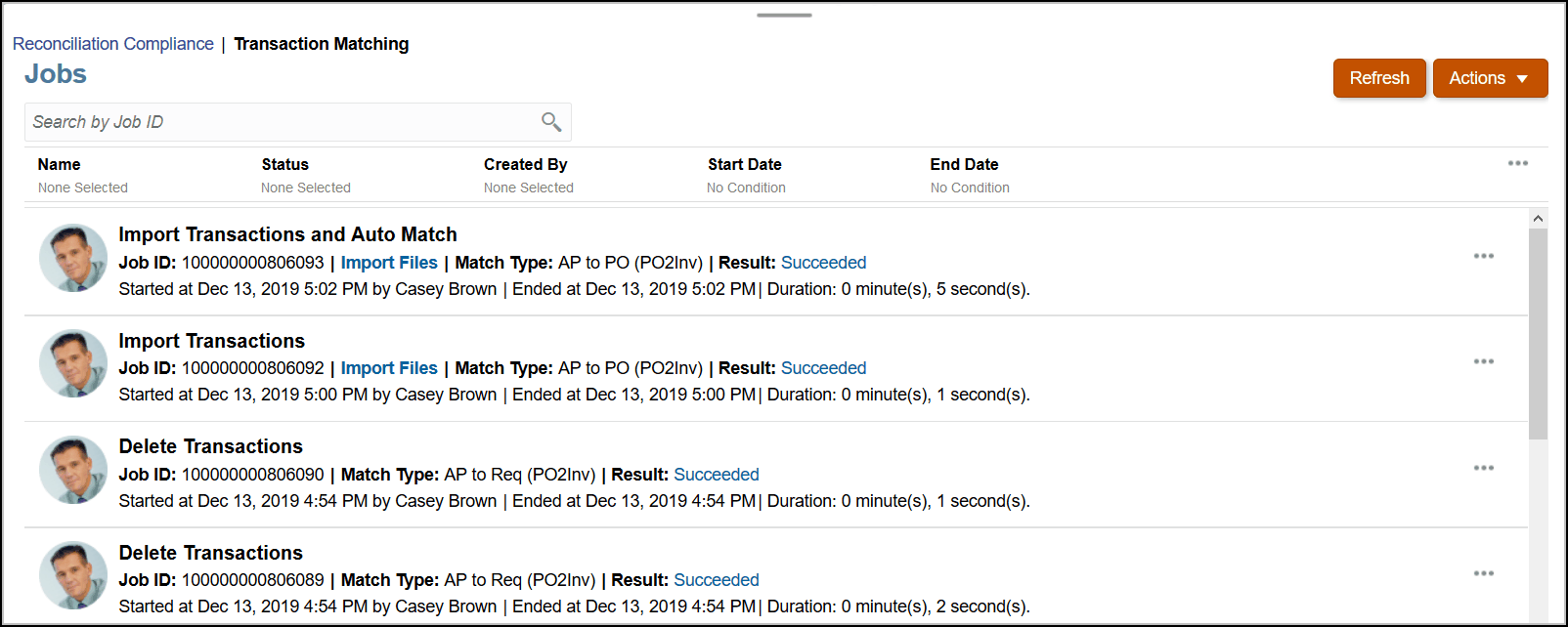 Screenshot der Registerkarte für Transaktionsabgleichsjobs